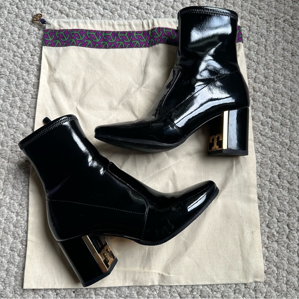 Tory Burch Women's Black Gigi Stretch Patent Leather Sock Bootie size 8.5